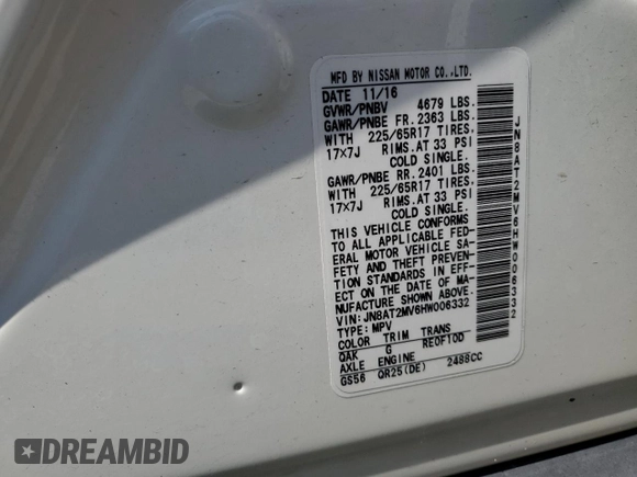 2017 Nissan Rogue S with VIN JN8AT2MV6HW006332, listed as a Copart auction lot 60634955 with Not provided miles and Salvage title. Bid and sale history available at DreamBid. Image 14.