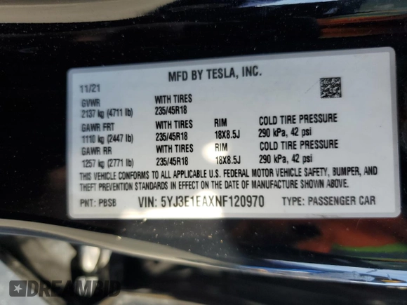 2022 Tesla Model 3 with VIN 5YJ3E1EAXNF120970, listed as a Copart auction lot 47631725 with 33,205 mi miles and Salvage Title. Bid and sale history available at DreamBid. Image 14.