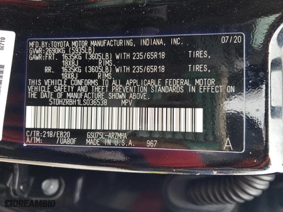 2020 Toyota Highlander XLE with VIN 5TDHZRBH1LS036538, listed as a Copart auction lot 46052625 with 117,597 mi miles and Salvage Title. Bid and sale history available at carsss.com. Image 13.