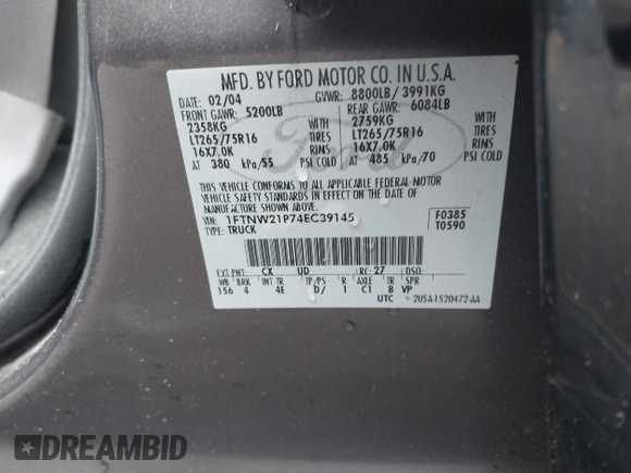 2004 Ford F-250 XL с VIN 1FTNW21P74EC39145, выставлен на аукционе IAAI как лот 42263310 с пробегом 162 280 миль миль и . История ставок и продаж доступна на DreamBid. Изображение 9.