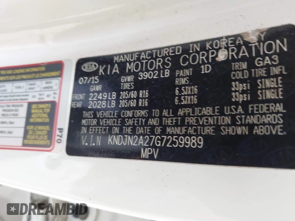 2016 Kia Soul with VIN KNDJN2A27G7259989, listed as a IAAI auction lot 39006527 with 106,751 mi miles. Bid and sale history available at carsss.com. Image 9.