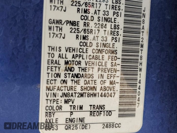 2017 Nissan Rogue SV with VIN JN8AT2MT8HW144047, listed as a Copart auction lot 62475305 with 133,167 mi miles and Salvage title. Bid and sale history available at DreamBid. Image 14.