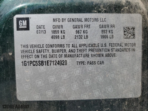 2014 Chevrolet Cruze 1LT with VIN 1G1PC5SB1E7124920, listed as a Copart auction lot 52050715 with 111,614 mi miles and Salvage Title. Bid and sale history available at carsss.com. Image 12.