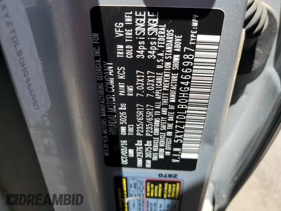 2017 Hyundai Santa Fe 2.4L with VIN 5XYZTDLB0HG466987, listed as a Copart auction lot 62330505 with 108,924 mi miles and Salvage title. Bid and sale history available at DreamBid. Image 14.