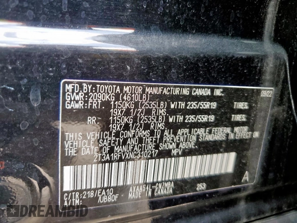 2022 Toyota RAV4 XLE Premium with VIN 2T3A1RFVXNC310217, listed as a Copart auction lot 65779855 with 31,626 mi miles and Salvage title. Bid and sale history available at DreamBid. Image 13.