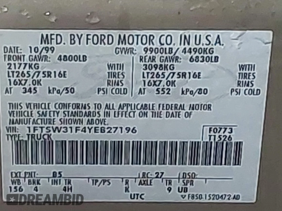 2000 Ford F-350 XL with VIN 1FTSW31F4YEB27196, listed as a IAAI auction lot 41975971 with 262,435 mi miles and . Bid and sale history available at DreamBid. Image 9.