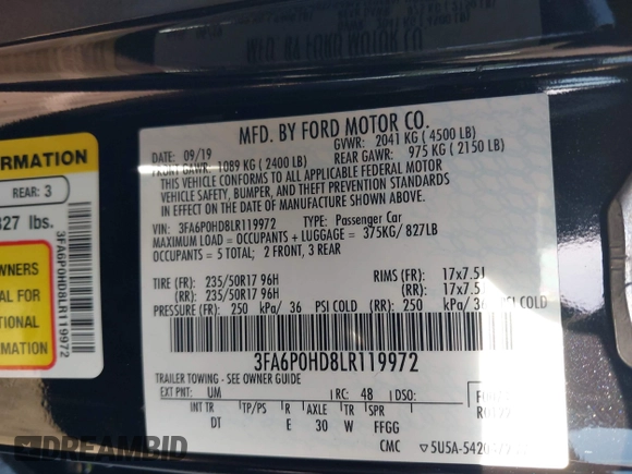 2020 Ford Fusion SE with VIN 3FA6P0HD8LR119972, listed as a IAAI auction lot 41991526 with 61,942 mi miles and . Bid and sale history available at DreamBid. Image 9.
