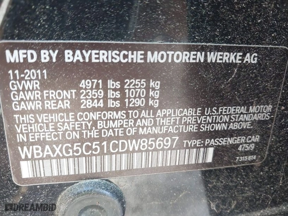 2012 BMW 5 Series 528i with VIN WBAXG5C51CDW85697, listed as a IAAI auction lot 41982244 with 148,744 mi miles. Bid and sale history available at carsss.com. Image 9.