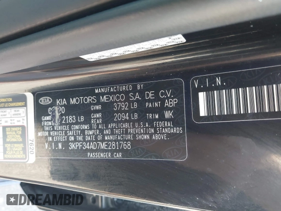 2021 Kia Forte GT-Line with VIN 3KPF34AD7ME281768, listed as a IAAI auction lot 42227522 with 50,645 mi miles and . Bid and sale history available at DreamBid. Image 9.