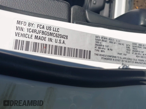 2021 Jeep Grand Cherokee 80th Anniversary with VIN 1C4RJFBG5MC620428, listed as a IAAI auction lot 41330326 with 33,277 mi miles and . Bid and sale history available at DreamBid. Image 9.