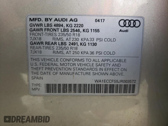 2018 Audi Q3 Premium with VIN WA1ECCFS5JR003572, listed as a Copart auction lot 51213445 with 28,839 mi miles and Salvage Title. Bid and sale history available at carsss.com. Image 13.