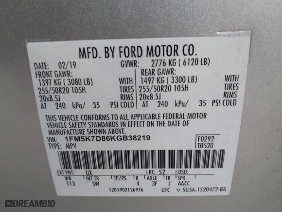 2019 Ford Explorer XLT with VIN 1FM5K7D86KGB38219, listed as a IAAI auction lot 41649954 with 65,997 mi miles. Bid and sale history available at carsss.com. Image 9.