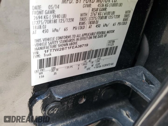 2015 Ford F-250 Lariat с VIN 1FT7W2BT1FEA38719, выставлен на аукционе Copart как лот 62938005 с пробегом 98 790 миль миль и Списание • Salvage title. История ставок и продаж доступна на DreamBid. Изображение 13.