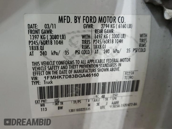 2011 Ford Explorer XLT с VIN 1FMHK7D83BGA46160, выставлен на аукционе Copart как лот 60540705 с пробегом 259 465 миль миль и Списание • Salvage title. История ставок и продаж доступна на DreamBid. Изображение 13.