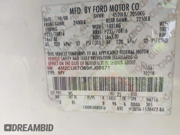 2009 Mercury Mariner Premier с VIN 4M2CU87G69KJ08671, выставлен на аукционе IAAI как лот 41243011 с пробегом 247 168 миль миль и . История ставок и продаж доступна на DreamBid. Изображение 9.