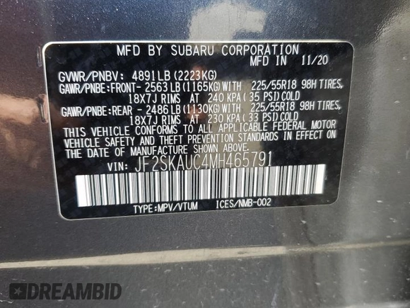 2021 Subaru Forester Limited with VIN JF2SKAUC4MH465791, listed as a Copart auction lot 61262395 with 36,232 mi miles and Salvage title. Bid and sale history available at DreamBid. Image 14.