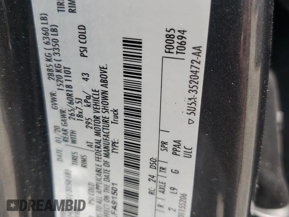 2020 Ford F-150 XL with VIN 1FTEW1CP7LFA91501, listed as a Copart auction lot 60131745 with 35,397 mi miles and Non repairable. Bid and sale history available at DreamBid. Image 12.