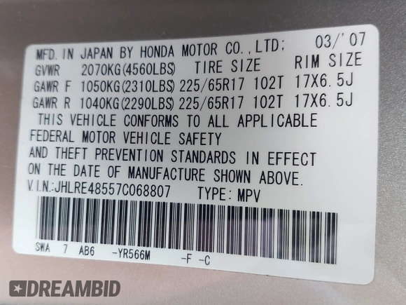 2007 Honda CR-V EX с VIN JHLRE48557C068807, выставлен на аукционе IAAI как лот 42294902 с пробегом 207 562 миль миль и . История ставок и продаж доступна на DreamBid. Изображение 9.