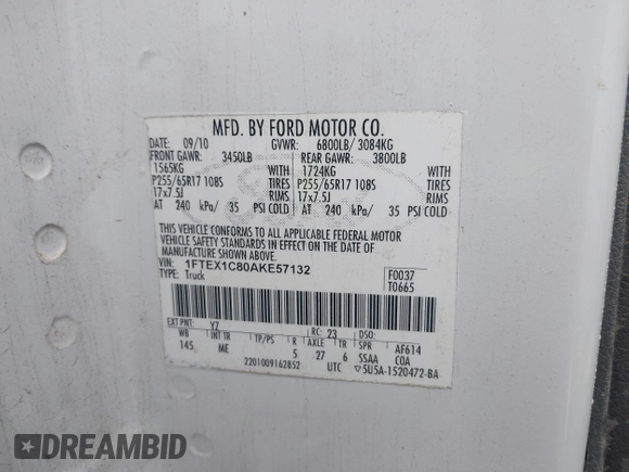 2010 Ford F-150 XL with VIN 1FTEX1C80AKE57132, listed as a IAAI auction lot 39923782 with 68,108 mi miles and . Bid and sale history available at DreamBid. Image 9.