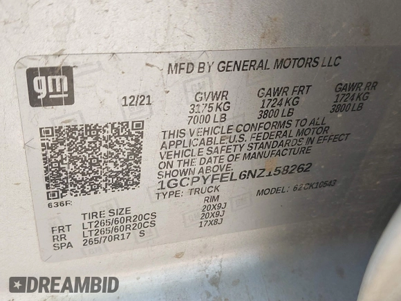 2022 Chevrolet Silverado 1500 LT Trail Boss with VIN 1GCPYFEL6NZ158262, listed as a IAAI auction lot 41039379 with 125,225 mi miles and . Bid and sale history available at DreamBid. Image 9.
