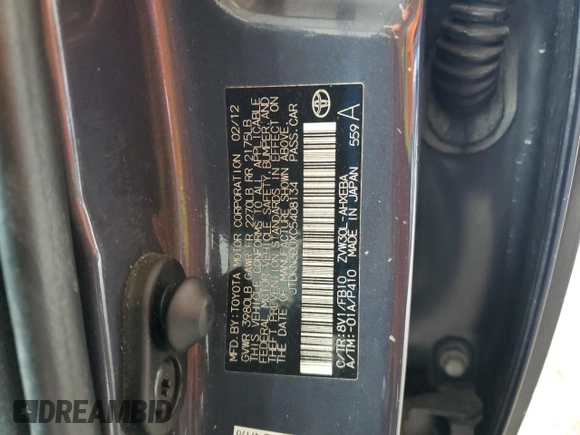 2012 Toyota Prius One with VIN JTDKN3DUXC5408134, listed as a Copart auction lot 59718785 with Not provided miles and Salvage title. Bid and sale history available at DreamBid. Image 12.