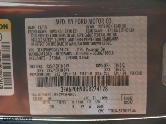 2016 Ford Fusion SE with VIN 3FA6P0H90GR274128, listed as a IAAI auction lot 40950722 with 109,440 mi miles. Bid and sale history available at carsss.com. Image 9.