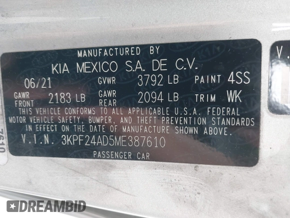 2021 Kia Forte LXS with VIN 3KPF24AD5ME387610, listed as a IAAI auction lot 42133985 with 31,437 mi miles and . Bid and sale history available at carsss.com. Image 9.