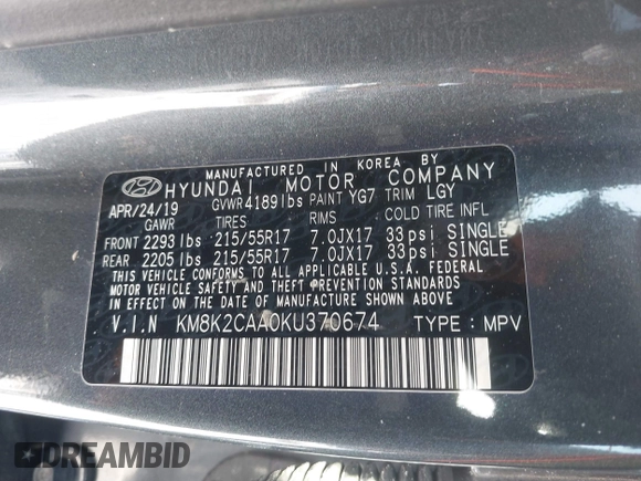2019 Hyundai Kona SEL with VIN KM8K2CAA0KU370674, listed as a IAAI auction lot 41237427 with 59,586 mi miles and . Bid and sale history available at DreamBid. Image 9.