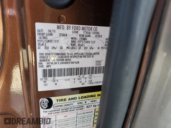 2011 Ford Expedition Max XLT with VIN 1FMJK1J50BEF00126, listed as a Copart auction lot 57623245 with 216,481 mi miles and Salvage title. Bid and sale history available at DreamBid. Image 12.