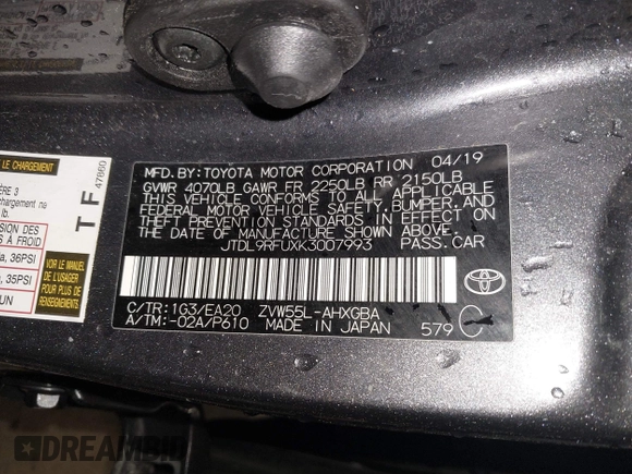 2019 Toyota Prius LE with VIN JTDL9RFUXK3007993, listed as a IAAI auction lot 41934751 with 101,150 mi miles and . Bid and sale history available at DreamBid. Image 9.