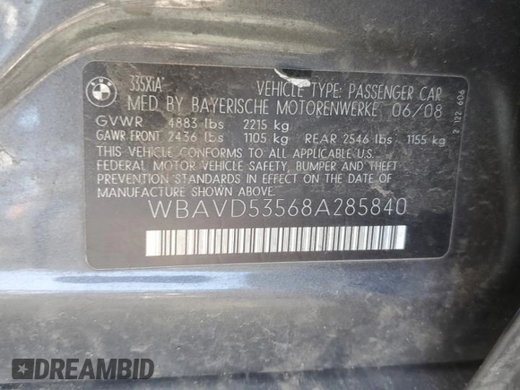 2008 BMW 3 Series 335xi with VIN WBAVD53568A285840, listed as a Copart auction lot 44338085 with 173,039 mi miles and Clean Title. Bid and sale history available at carsss.com. Image 12.