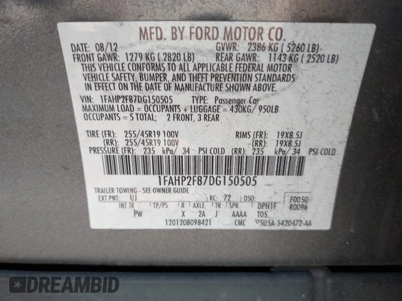 2013 Ford Taurus Limited with VIN 1FAHP2F87DG150505, listed as a IAAI auction lot 42029135 with 132,642 mi miles and . Bid and sale history available at DreamBid. Image 9.