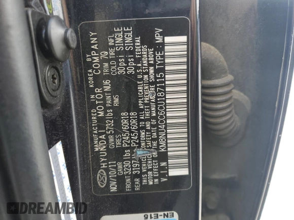2012 Hyundai Veracruz Limited with VIN KM8NU4CC6CU187115, listed as a Copart auction lot 55298735 with 288,130 mi miles and Clean Title. Bid and sale history available at DreamBid. Image 13.