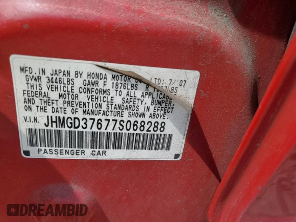 2007 Honda Fit Sport with VIN JHMGD37677S068288, listed as a Copart auction lot 55105865 with Not provided miles and Clean title. Bid and sale history available at DreamBid. Image 12.