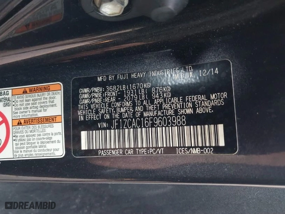 2015 Subaru BRZ Limited with VIN JF1ZCAC16F9603988, listed as a IAAI auction lot 41624454 with NaN miles. Bid and sale history available at carsss.com. Image 9.
