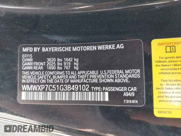 2016 MINI Hardtop S with VIN WMWXP7C51G3B49102, listed as a IAAI auction lot 42443771 with 97,626 mi miles and . Bid and sale history available at DreamBid. Image 9.