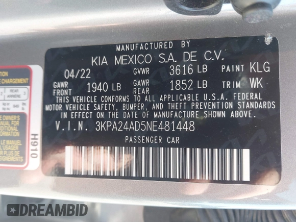 2022 Kia Rio S with VIN 3KPA24AD5NE481448, listed as a IAAI auction lot 41748379 with 65,123 mi miles. Bid and sale history available at carsss.com. Image 9.