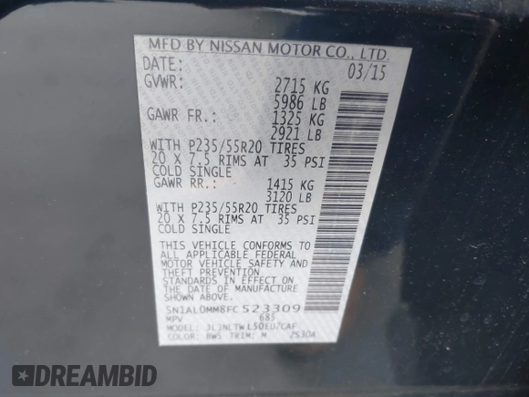 2015 Infiniti QX60 with VIN 5N1AL0MM8FC523309, listed as a IAAI auction lot 42117242 with Not Provided miles and . Bid and sale history available at DreamBid. Image 9.