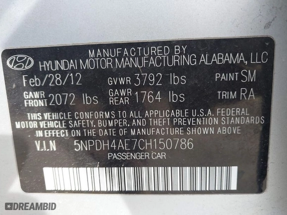 2012 Hyundai Elantra Limited with VIN 5NPDH4AE7CH150786, listed as a IAAI auction lot 42040887 with 153,185 mi miles. Bid and sale history available at carsss.com. Image 9.