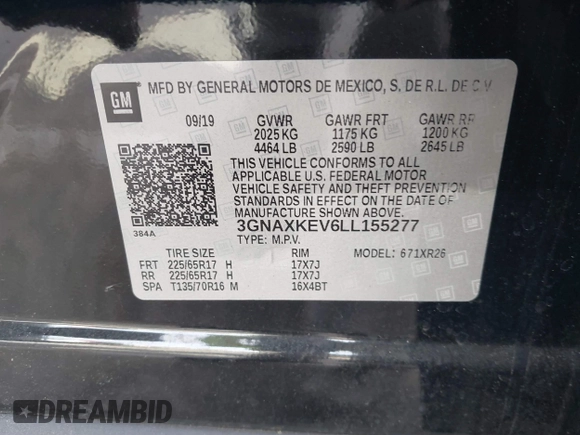2020 Chevrolet Equinox LT with VIN 3GNAXKEV6LL155277, listed as a IAAI auction lot 40903962 with 50,204 mi miles. Bid and sale history available at carsss.com. Image 9.