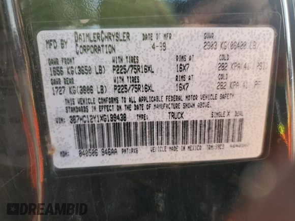 1999 Dodge 1500 with VIN 3B7HC12Y1XG199438, listed as a Copart auction lot 88346955 with 230,867 mi miles and Salvage Title. Bid and sale history available at DreamBid. Image 12.