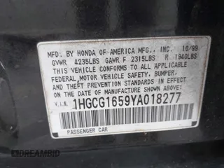 2000 Honda Accord EX с VIN 1HGCG1659YA018277, выставлен на аукционе IAAI как лот 42334541 с пробегом 243 362 миль миль и . История ставок и продаж доступна на DreamBid. Изображение 9.