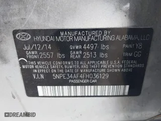 2015 Hyundai Sonata 2.4L Sport with VIN 5NPE34AF4FH036129, listed as a IAAI auction lot 41740812 with 79,483 mi miles. Bid and sale history available at carsss.com. Image 9.