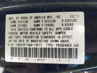 2011 Honda Accord EX z VIN 1HGCP2F74BA118673, wystawiony jako IAAI lot #42154106 z przebiegiem 163 359 mil mil oraz . Historia ofert i sprzedaży dostępna na DreamBid. Obrazek 9.
