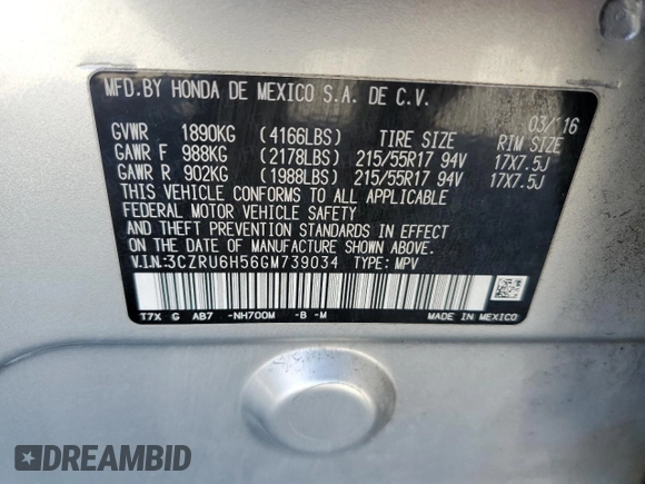 2016 Honda HR-V EX with VIN 3CZRU6H56GM739034, listed as a Copart auction lot 50015445 with 188,264 mi miles and Clean Title. Bid and sale history available at carsss.com. Image 13.
