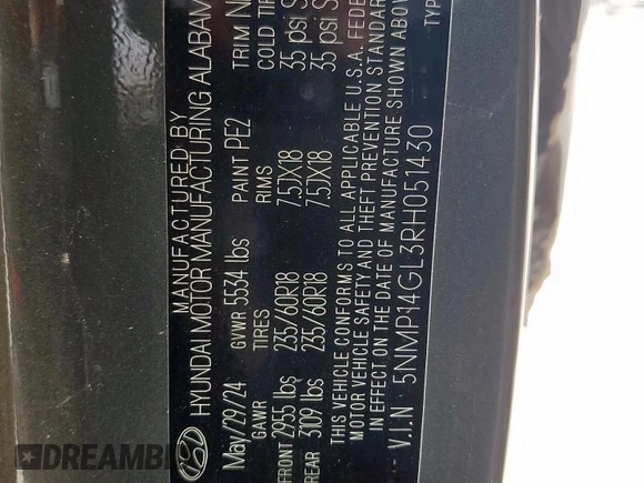 2024 Hyundai Santa Fe SE z VIN 5NMP14GL3RH051430, wystawiony jako Copart lot #56985215 z przebiegiem 8 528 mil mil oraz Szkoda całkowita • Salvage title. Historia ofert i sprzedaży dostępna na DreamBid. Obrazek 14.
