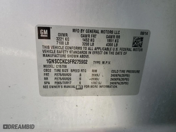 2015 Chevrolet Tahoe LTZ with VIN 1GNSCCKC3FR275902, listed as a Copart auction lot 49381535 with 134,883 mi miles and Salvage Title. Bid and sale history available at carsss.com. Image 14.