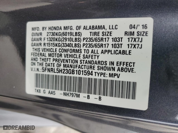 2016 Honda Odyssey LX with VIN 5FNRL5H23GB101594, listed as a Copart auction lot 50842505 with 92,727 mi miles and Salvage Title. Bid and sale history available at carsss.com. Image 13.