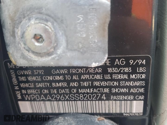 1995 Porsche 968 z VIN WP0AA296XSS820274, wystawiony jako Copart lot #74589074 z przebiegiem Nie podano mil oraz Szkody całkowita. Historia ofert i sprzedaży dostępna na DreamBid. Obrazek 13.