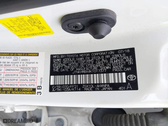 2019 Toyota C-HR XLE with VIN JTNKHMBX4K1017377, listed as a IAAI auction lot 40049656 with 71,308 mi miles. Bid and sale history available at carsss.com. Image 9.